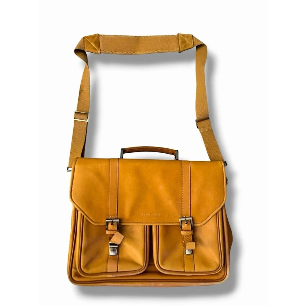 KENNETH COLE New York Tan Leather Messenger Laptop Travel Shoulder Bag Brief Vtg
